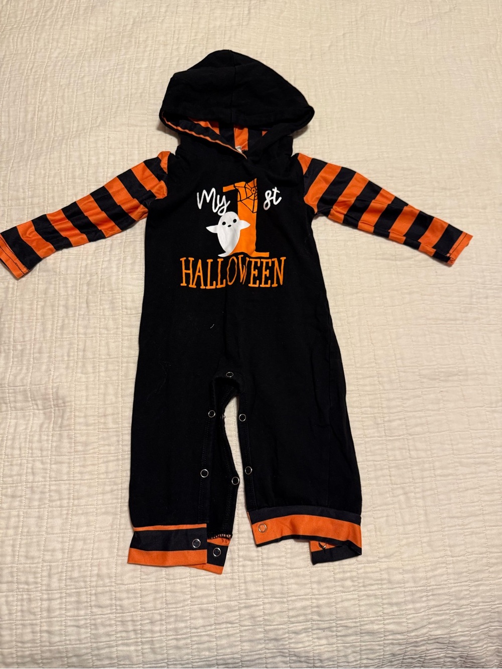My 1st Halloween Black & Orange Hooded Baby Costume Romper size 80 like new